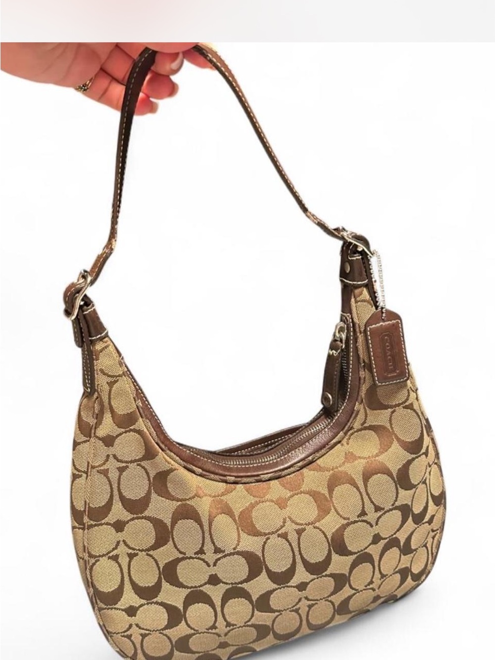 Coach Brown Signature Canvas Hobo Bag with Leather Trim